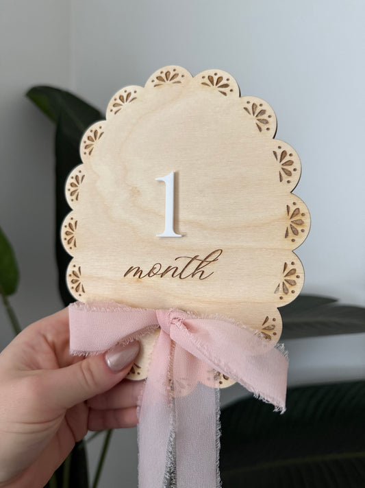 Monthly Milestone - Lace Scalloped Plaque with Chiffon Bow